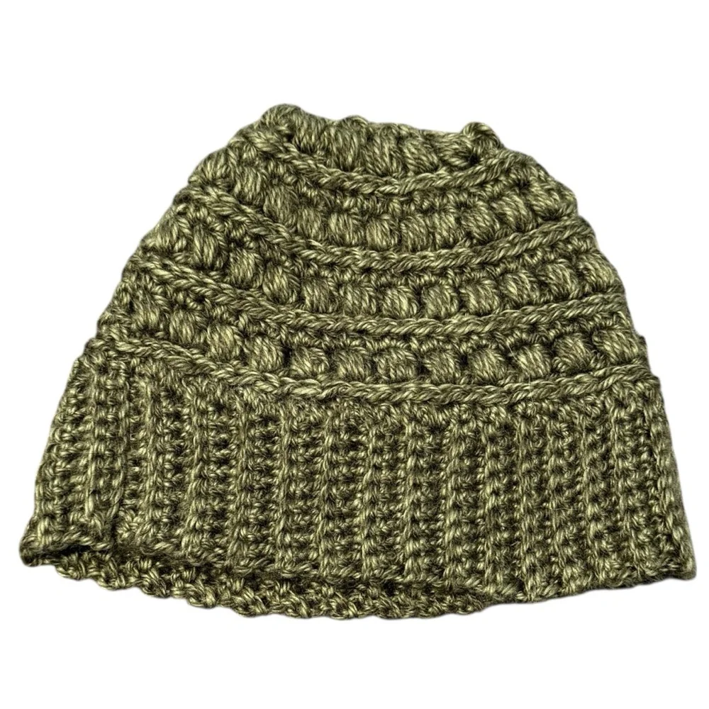 Chunky Crochet Knit Green Beanie Cottagecore Natural
